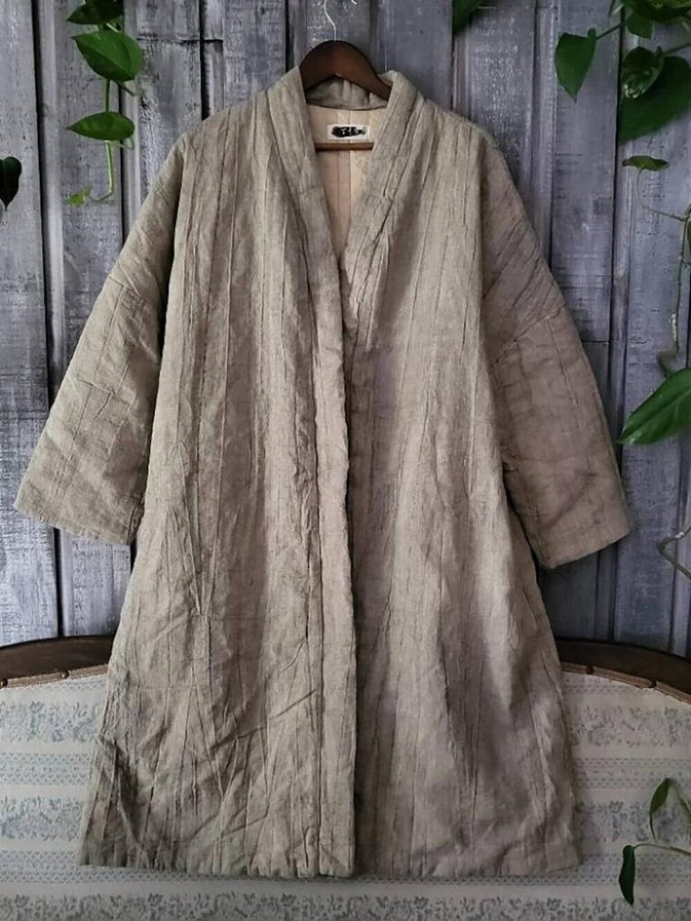 L/XL Oatmeal Heavy Raw Linen Quilted Duster Coat Oversized NWOT